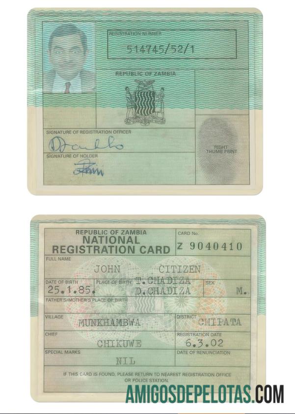 ZAMBIA National Registration Card exemplo